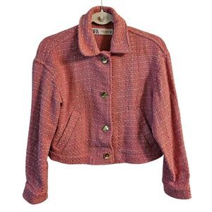 Zara Blazer Jacket Womens XS‎ Pink Wool Overshirt Textured Sequin Bloggers Fave